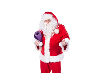 Funny Santa Claus is doing fitness. White background.