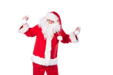 Funny Santa Claus is doing fitness. White background.