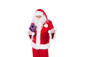 Funny Santa Claus is doing fitness. White background.