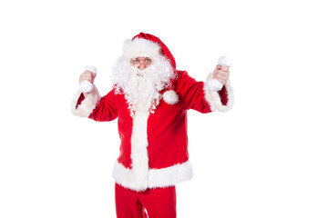 Funny Santa Claus is doing fitness. White background.