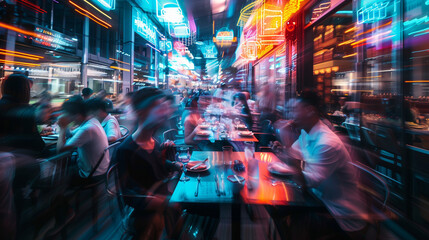 crowded restaurant or pub with people dining and waiters, bartender and chefs working, crowd drinking and eat in full bar or cafe, blurred motion
