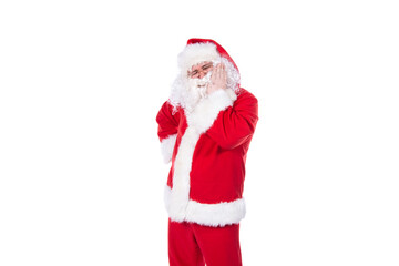 Funny Santa Claus is doing fitness. White background.