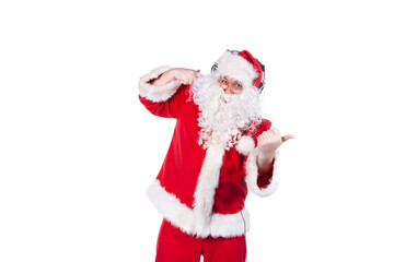 Funny Santa Claus is dancing. White background.