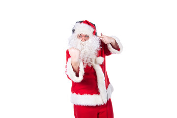 Funny Santa Claus is dancing. White background.