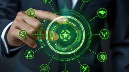 Businessman touching a green circular web icon with carbon rutone and energy icons around it 