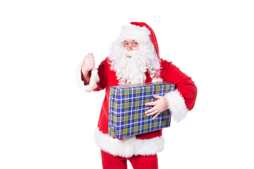 Santa Claus with gifts and wish list. White background.