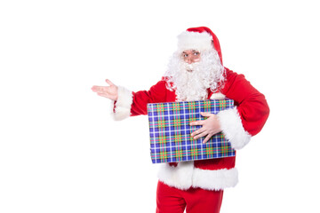 Santa Claus with gifts and wish list. White background.