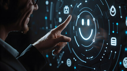 Businessman touching a virtual screen with a smiley face for a customer service review and experience icon on an isolated black background