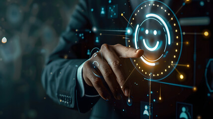 Businessman touching a virtual screen with a smiley face for a customer service review and experience icon on an isolated black background 