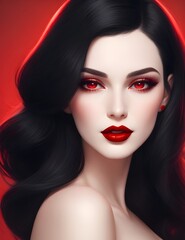 Fototapeta premium Captivating AI Art: Dark-Haired Woman in Elegant Black Dress, Digital Illustration. Beautiful Digital Portrait of a Woman with Deep red Eyes and Luxurious Black Hair – AI Generated Art