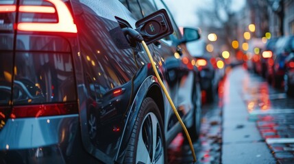 An electric car charge port is connected to a charger with a backdrop of glowing street lights on a wet street