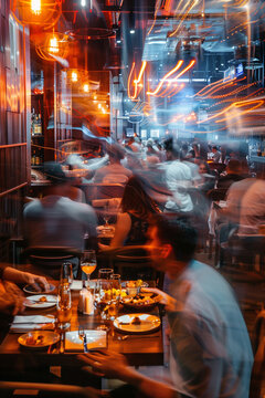 crowded restaurant or pub with people dining and waiters, bartender and chefs working, crowd drinking and eat in full bar or cafe, blurred motion