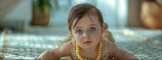 A party for children. Cute little girl is celebrating her birthday. Beige calm lovely style. 