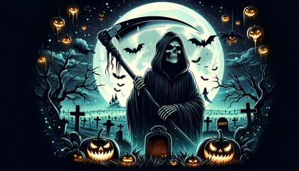 Halloween Grim reaper with creepy pumpkins and graveyard Halloween theme illustration