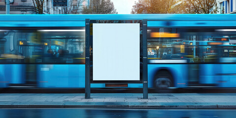 Bus stop with a large blank billboard and moving buses in the background. Urban street scene featuring modern buildings, trees, and a clear space for advertisements, 