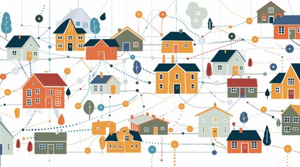 Naklejka premium An illustration showing a network of houses connected by dotted lines, symbolizing the referral network in the neighborhood 