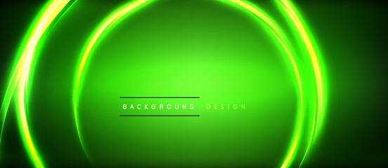 Neon glowing circle rays, light round lines in the dark, planet style neon wave lines. Energetic electric concept design for wallpaper, banner, background