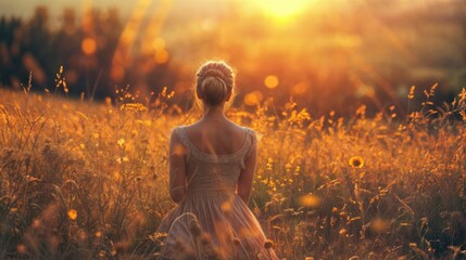 A woman in a white dress with a yellow flower in her hair, sitting in a field of tall grass, looking at the sunset - Powered by Adobe