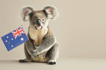 Realistic photo of a koala sitting on a beige background and holding an Australian flag