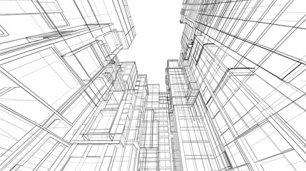 abstract modern urban landscape line drawin.3D illustration Imagination architecture building construction perspective design.