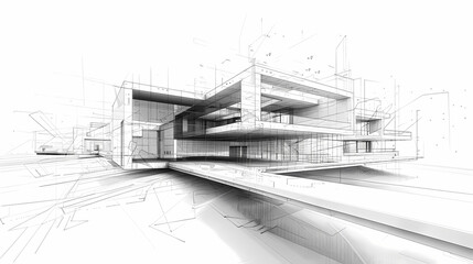 abstract modern urban landscape line drawin.3D illustration Imagination architecture building construction perspective design.
