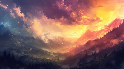 Naklejka premium Vibrant mountain sunset digital artwork