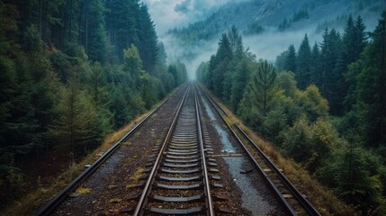 Fototapeta premium curving train track surrounded by a dense forest of evergreen trees, with low-hanging clouds and mist creating a mystical atmosphere