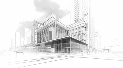 abstract modern urban landscape line drawin.3D illustration Imagination architecture building construction perspective design.