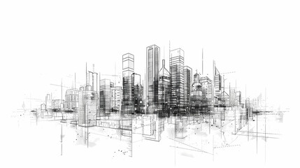 abstract modern urban landscape line drawin.3D illustration Imagination architecture building construction perspective design.