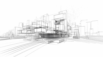 Fototapeta premium abstract modern urban landscape line drawin.3D illustration Imagination architecture building construction perspective design.