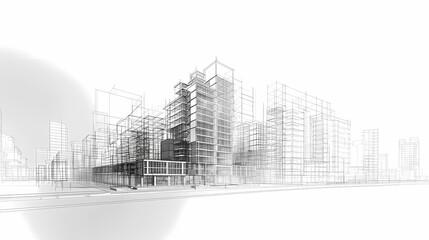 abstract modern urban landscape line drawin.3D illustration Imagination architecture building construction perspective design.