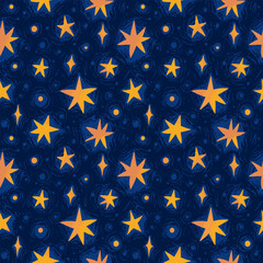 Vector hand drawn seamless pattern with stars. Vintage dark background and bright orange stars. Abstract magic cosmic sky. Design for textile print, page fill, wrapping paper, web, cover