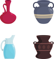 Set of four colorful vector illustrations of different styled jugs and vases on a white background