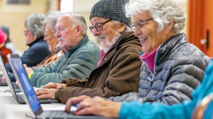 Group of seniors enjoying a tech workshop, learning laptops and tablets