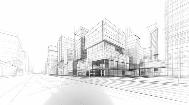 abstract modern urban landscape line drawin.3D illustration Imagination architecture building construction perspective design.