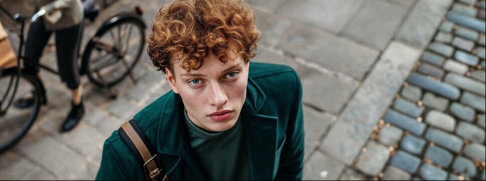 A young man with curly red hair and green eyes, wearing an emerald-colored blazer, walks down the street of Berlin in spring. His bicycle is near his shoulder. The perspective is from above. - Powered by Adobe