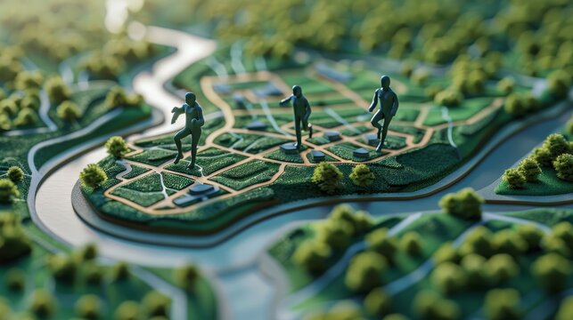 3d minimalistic green flat running tracking map, with 3d running characters on the map 