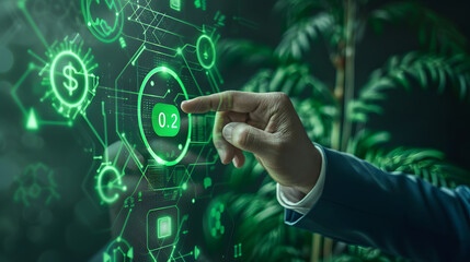 Businessman touching green CO2 icon on virtual screen for carbon neutral and climate change with clean energy concept. E pigment print 