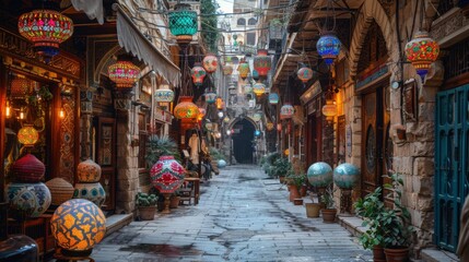 ethnic lamps hanging from the roof of the old city in the style of Arabic architecture