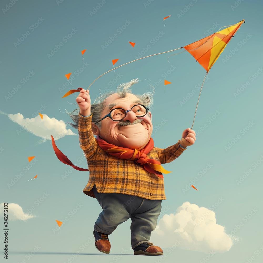 Poster 3D Windy Day Character Flying a Kite