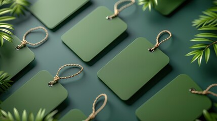 Green tags and copy space in flat lay 3D rendering. Promotional marketing discount and online shopping concept 