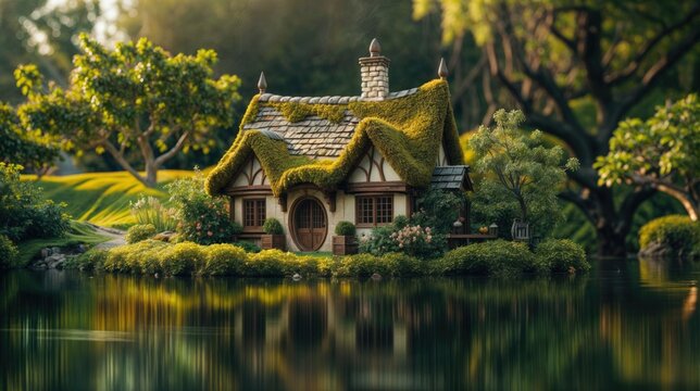 The image showcases a quaint, thatched-roof cottage nestled in a serene garden