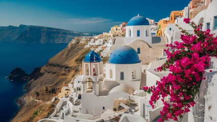 Naklejka premium Whitewashed Beauty: Santorini's Cliffside Town