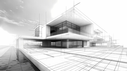abstract modern urban landscape line drawin.3D illustration Imagination architecture building construction perspective design.