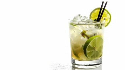 Refreshing cocktail with lime and ice in a clear glass on a white background. Simple and modern drink presentation. Perfect for summer parties or bar promotions. Chilled beverage design. AI
