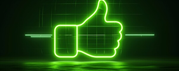 Obraz premium Neon green thumbs up sign with futuristic grid background, digital approval concept