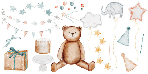 Happy Birthday Watercolor set. Hand drawn festive elements teddy bear, cake, stand, cap and bows, garlands and gift boxes, foil balloons. Clip art isolated on white background in neutral colors. Ideal