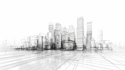 abstract modern urban landscape line drawin.3D illustration Imagination architecture building construction perspective design.