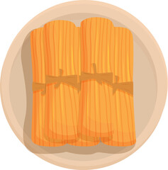 Three tamales tied with string are laying on a round plate