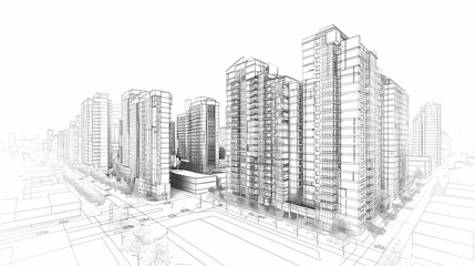 abstract modern urban landscape line drawin.3D illustration Imagination architecture building construction perspective design.